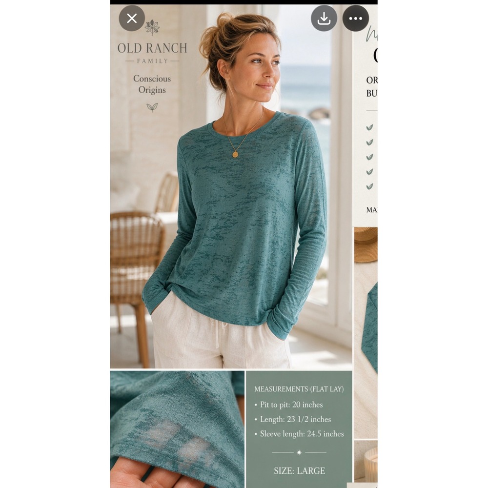 Old Ranch Organic Cotton Blend Burnout L Camo LS Top Teal Green Lightweight Boho